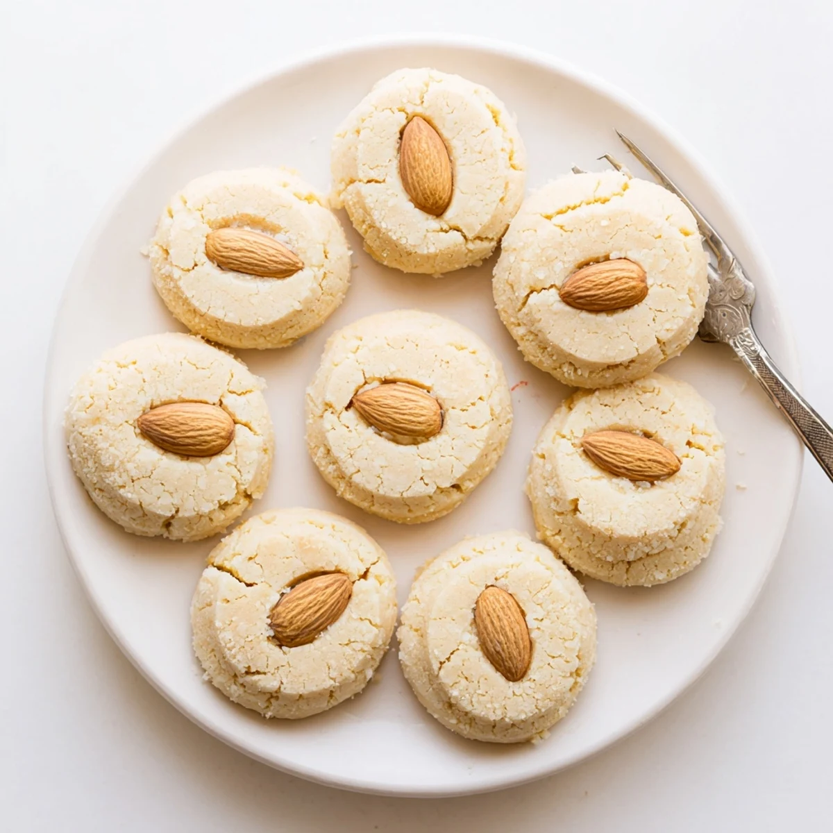 Delicate homemade Chinese almond cookies with crumbly texture and golden edges on parchment paper