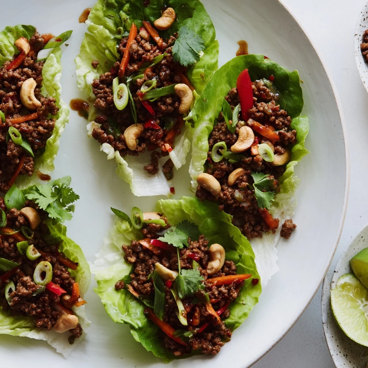 Tender minced beef and roasted cashews nestled in butter lettuce with lime wedge garnish