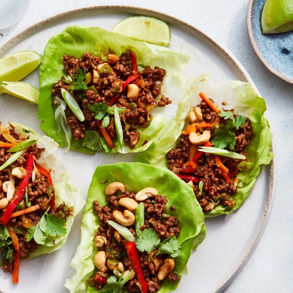 Golden ground beef mixture with crunchy cashews spooned into vibrant green lettuce leaves