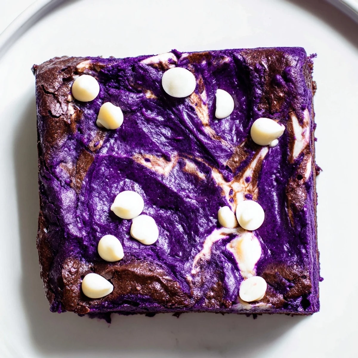 Vibrant purple yam brownie squares topped with marbled chocolate drizzle