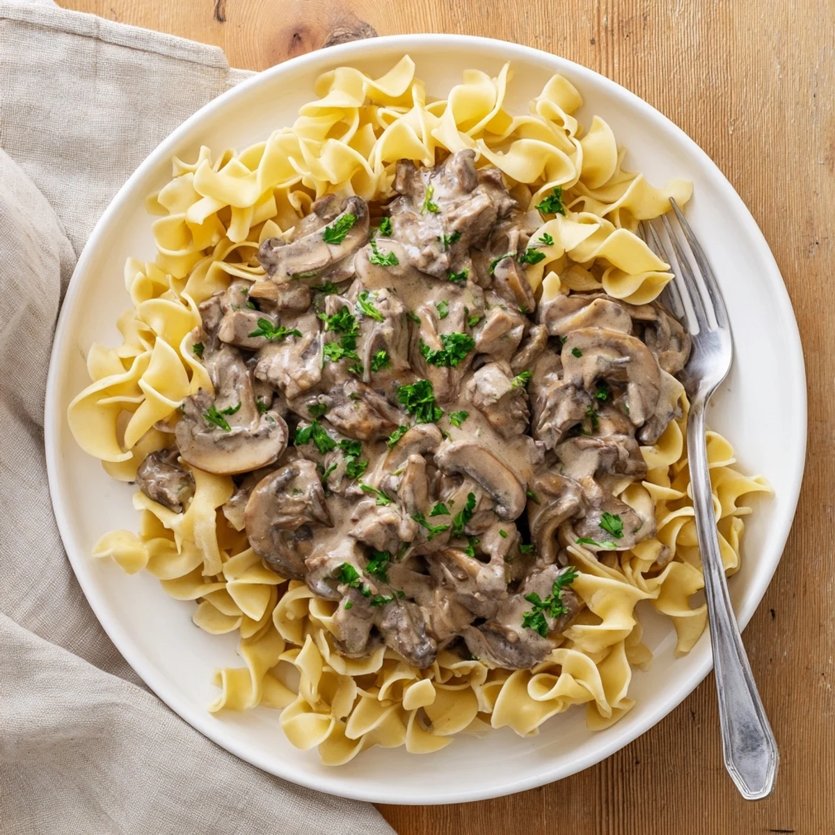 Creamy beef and mushroom stroganoff served over a bed of tender egg noodles with fresh parsley garnish