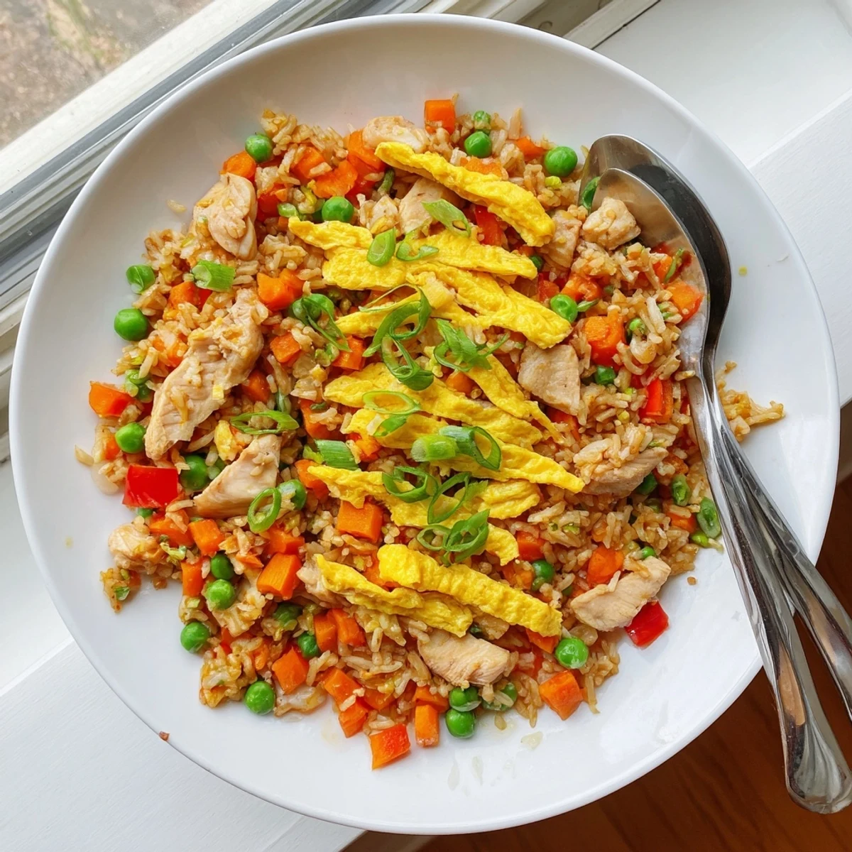 Golden chicken fried rice with colorful vegetables and delicate sliced egg omelette strips