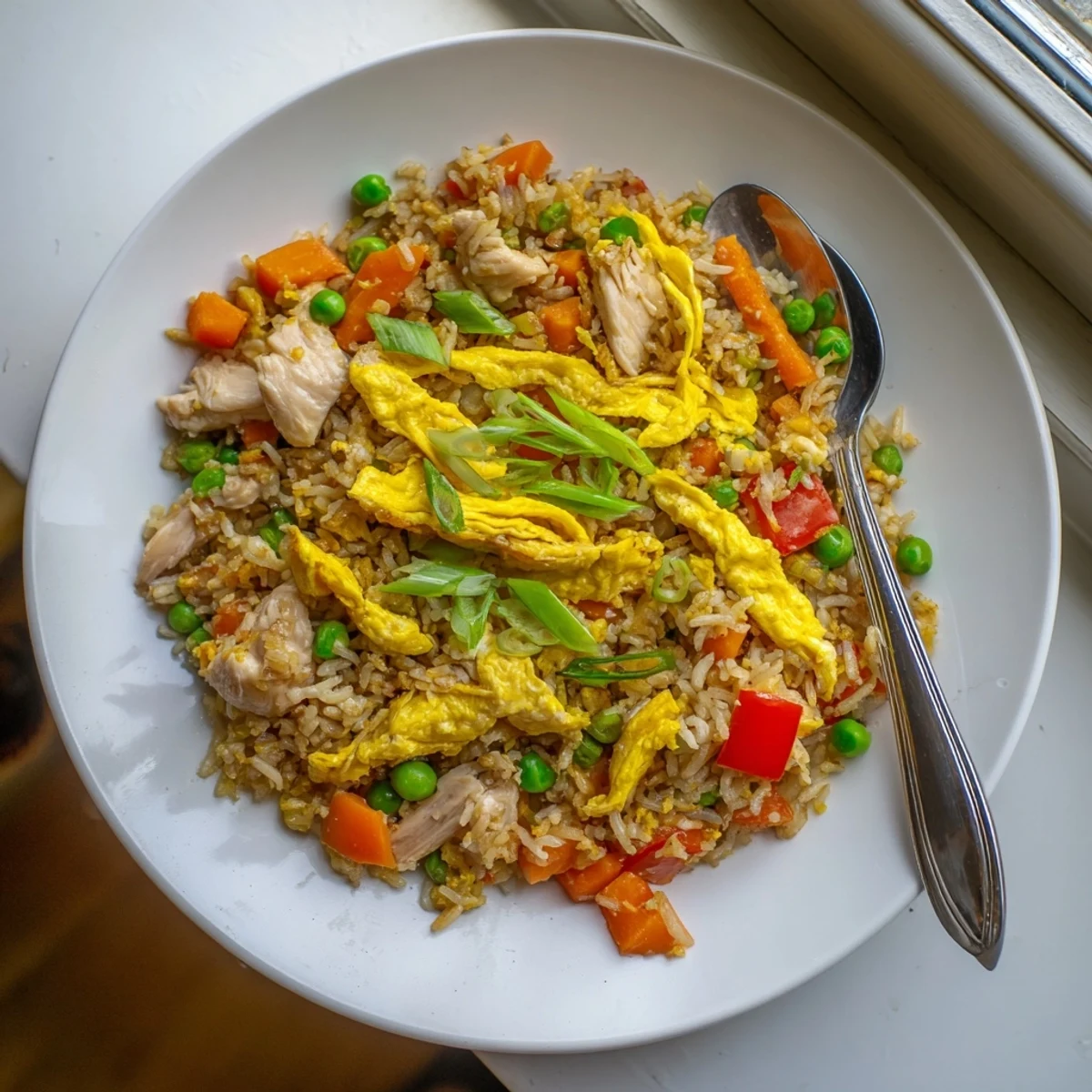 Steaming plate of Asian-style chicken fried rice topped with rolled egg omelette and fresh green onions