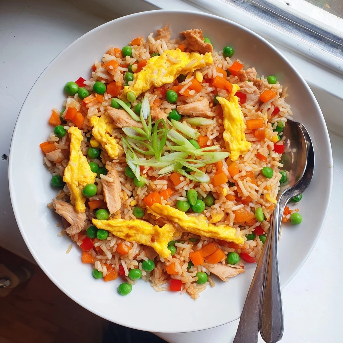 Savory stir-fried chicken fried rice featuring tender meat crisp veggies and golden egg ribbons