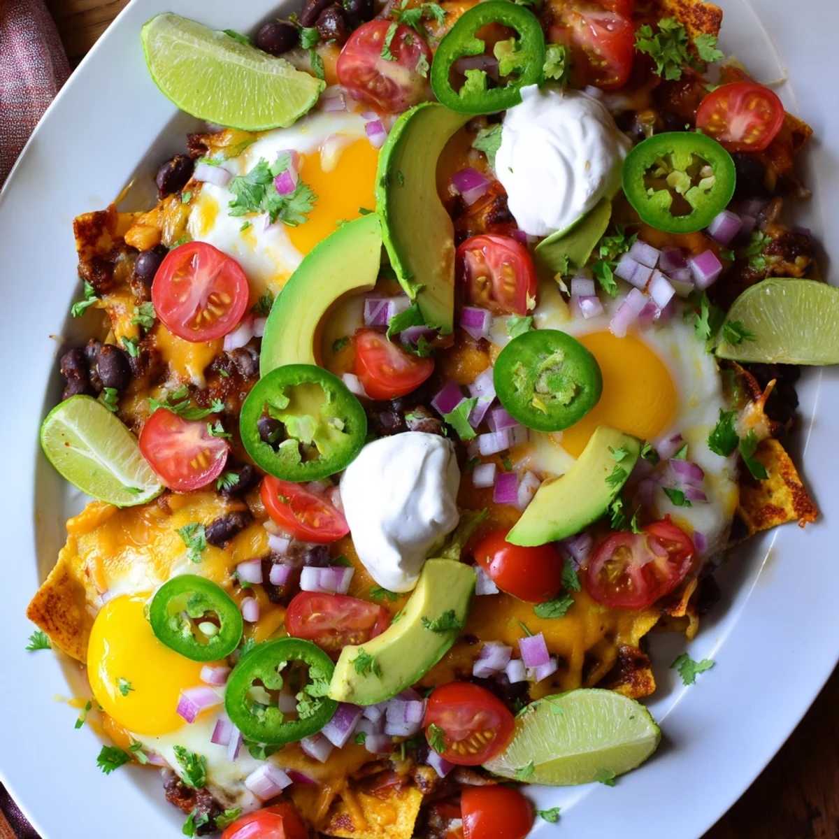 Crispy tortilla chips layered with spiced beans and perfectly baked sunny-side up eggs