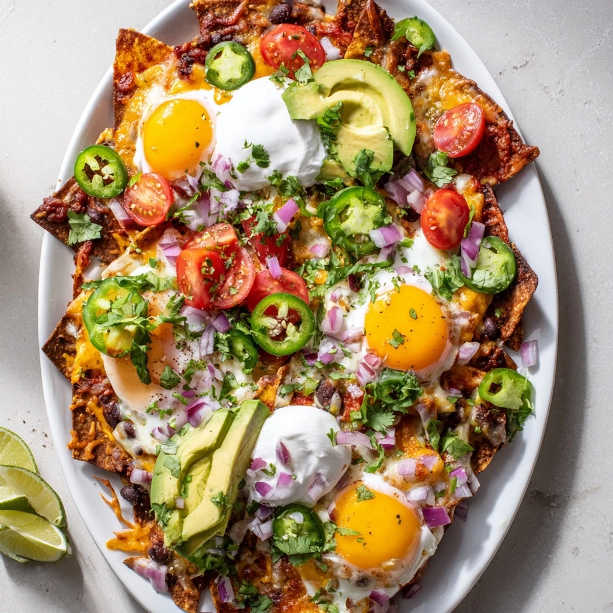 Vibrant Mexican Egg Nachos platter with fresh salsa jalapeños and sour cream