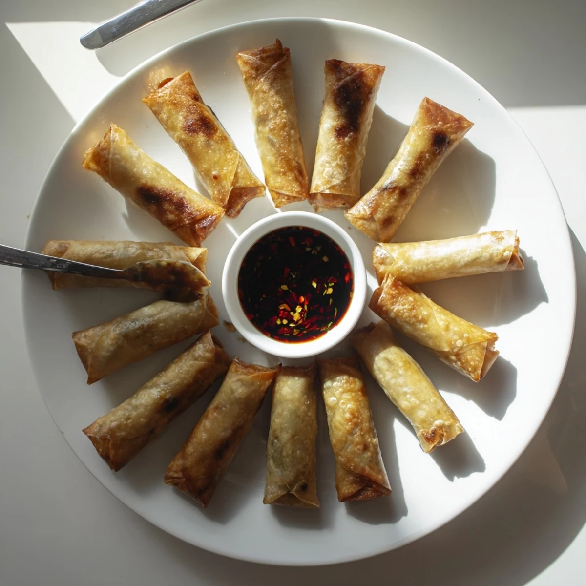 Golden air fryer spring rolls with crispy exteriors and colorful vegetable filling served alongside tangy dipping sauce