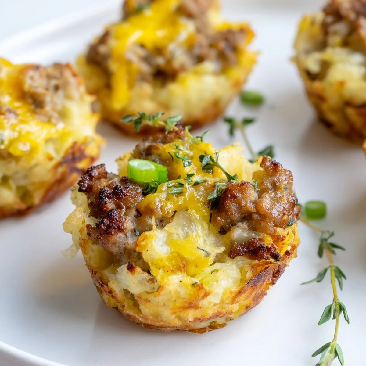 Baked individual potato cups filled with savory Irish sausage mixture, sprinkled with green onions for a festive St. Patricks Day appetizer