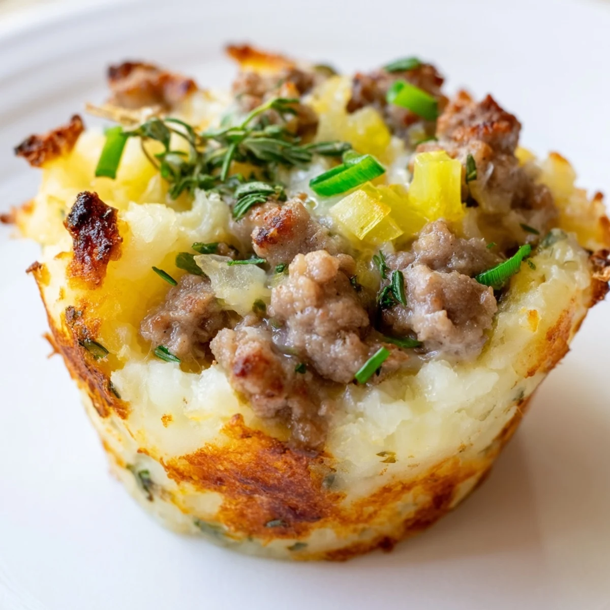 Close up of crunchy potato nests stuffed with seasoned bangers and mash, garnished with chives and extra Irish cheddar cheese