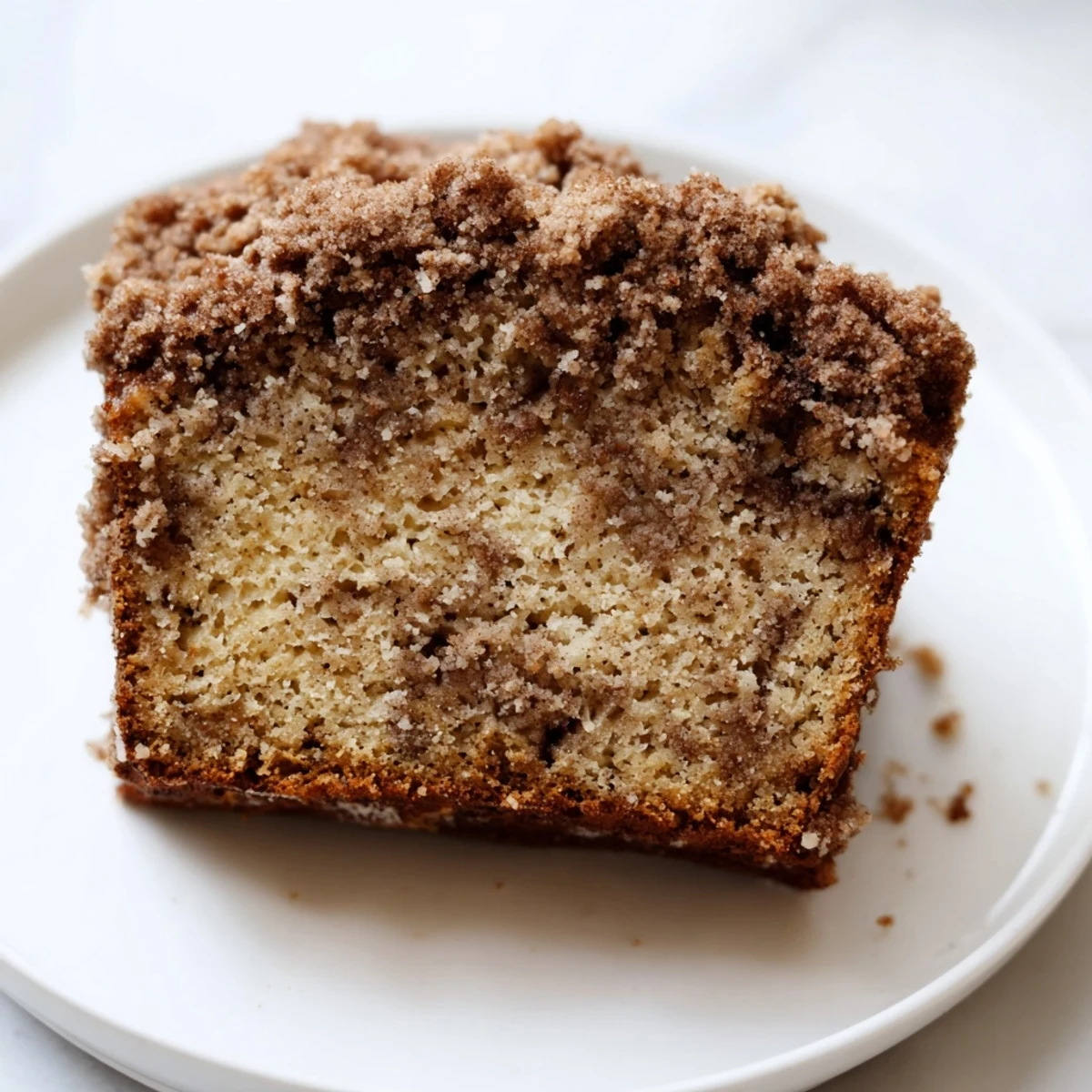 Moist banana bread slice topped with buttery cinnamon crumbs on a white plate