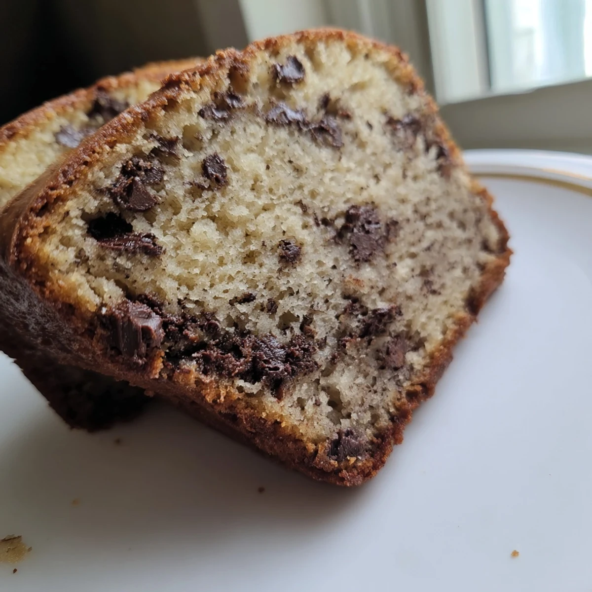 Golden brown chocolate chip banana bread loaf with melted chocolate chips on top