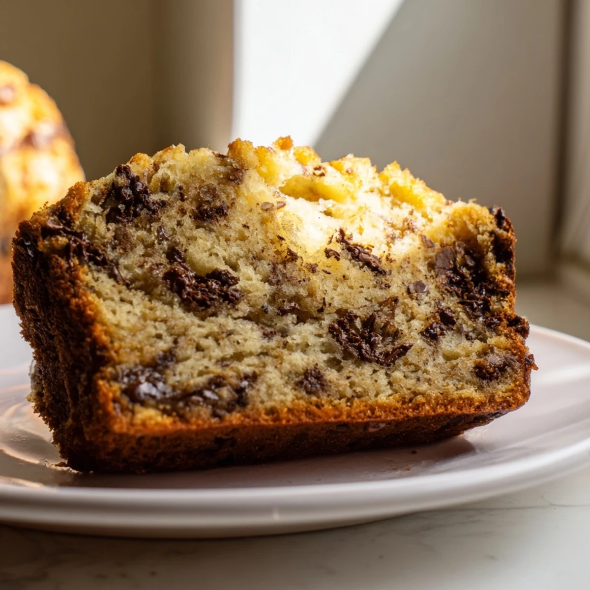 Thick slice of moist chocolate chip banana bread on a white serving plate