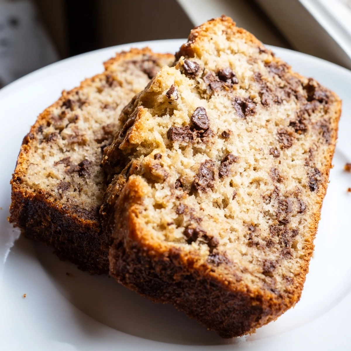 Freshly baked chocolate chip banana bread cooling on wire rack with golden crust