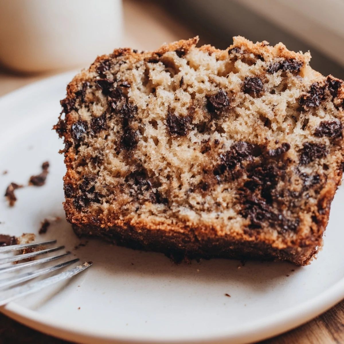 Golden brown loaf of super moist chocolate chip banana bread studded with melting chocolate chips