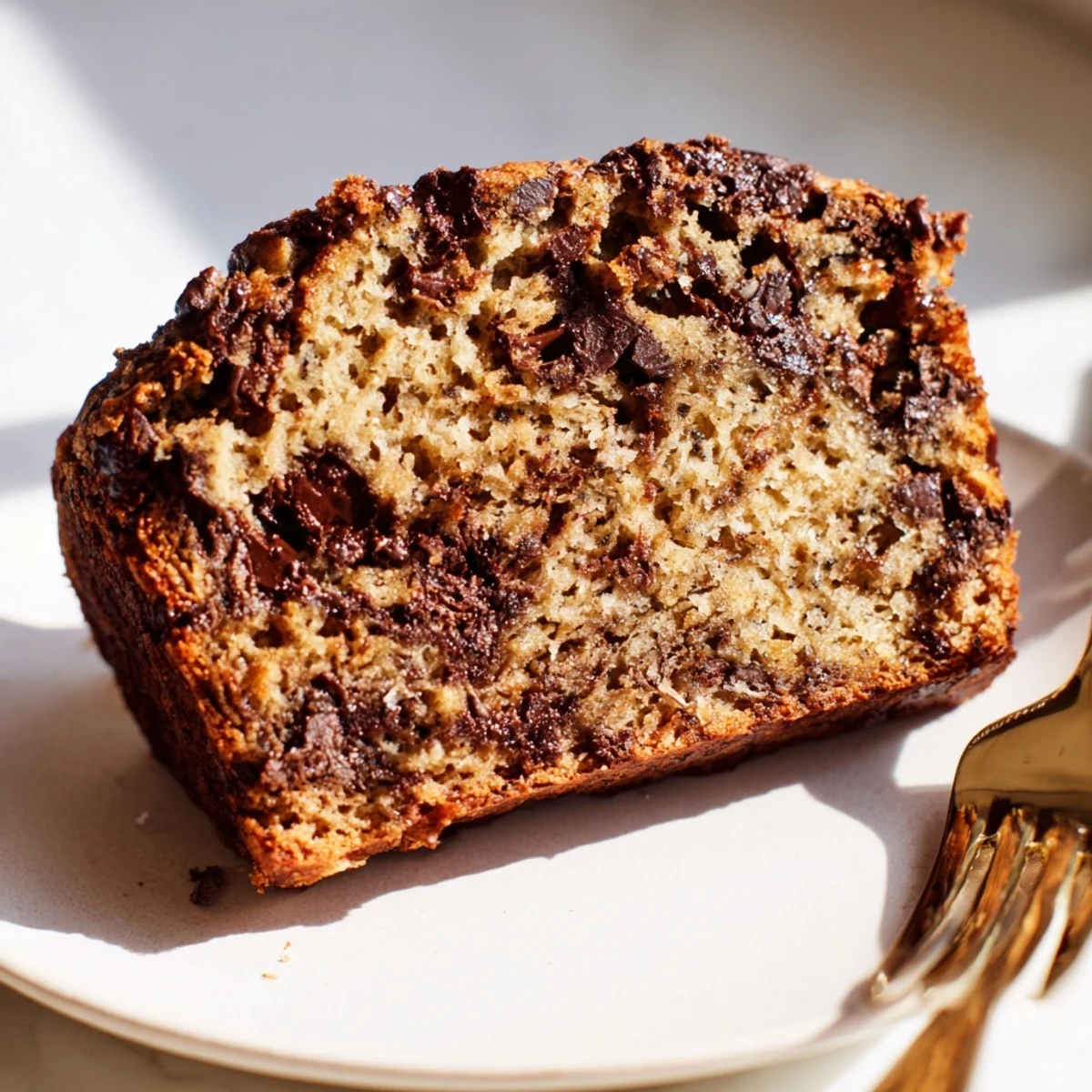 Thick slice of super moist chocolate chip banana bread served on a white plate