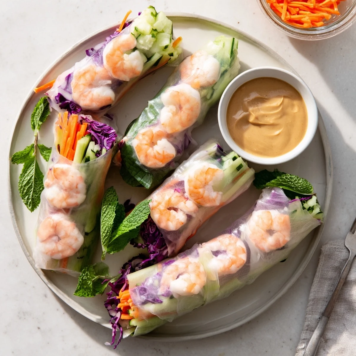 Fresh Thai shrimp rolls with pink shrimp, crisp vegetables, and mint in translucent rice paper