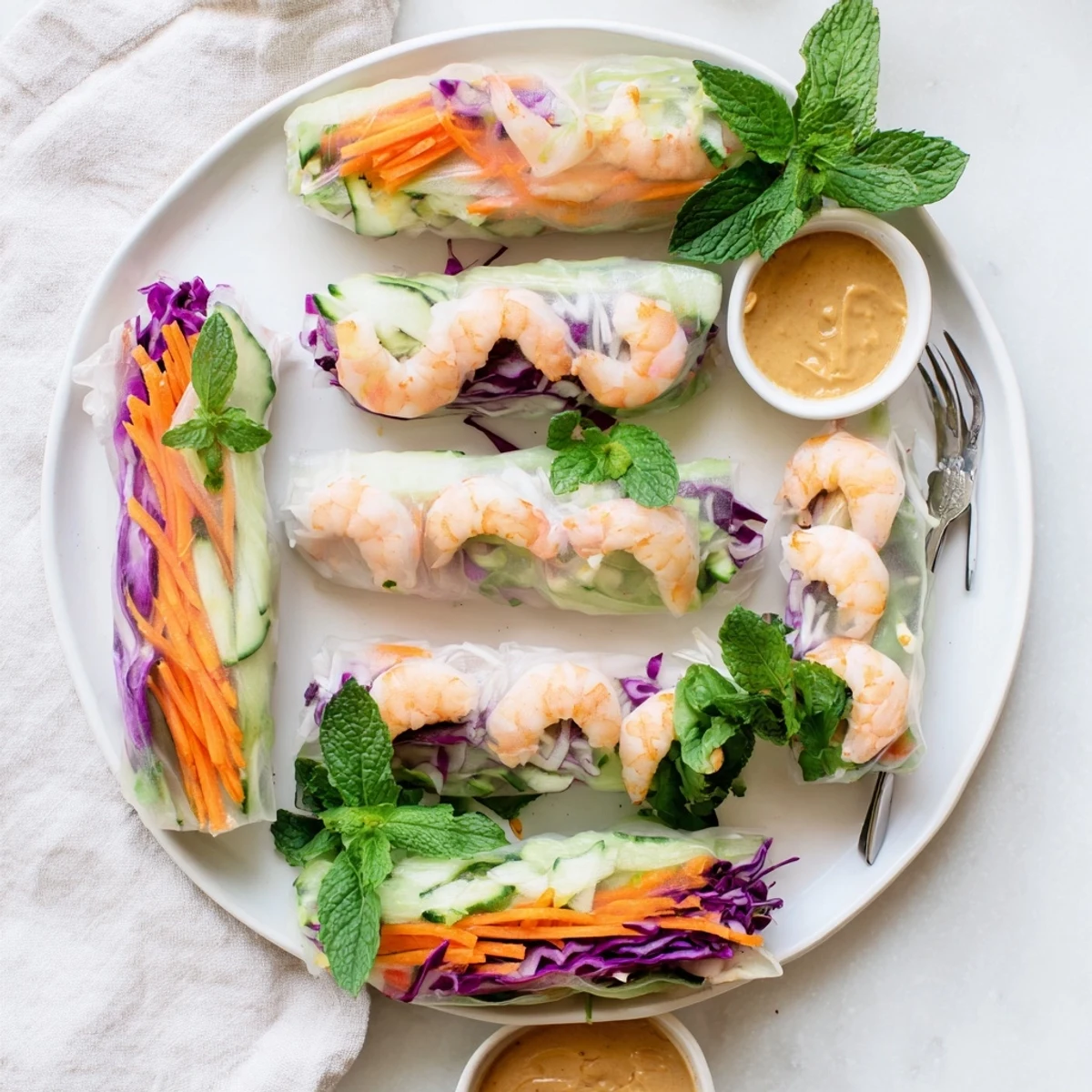 Thai shrimp rolls arranged on platter with colorfulerr leaf lettuce, shredded cabbage, and julienne carrots