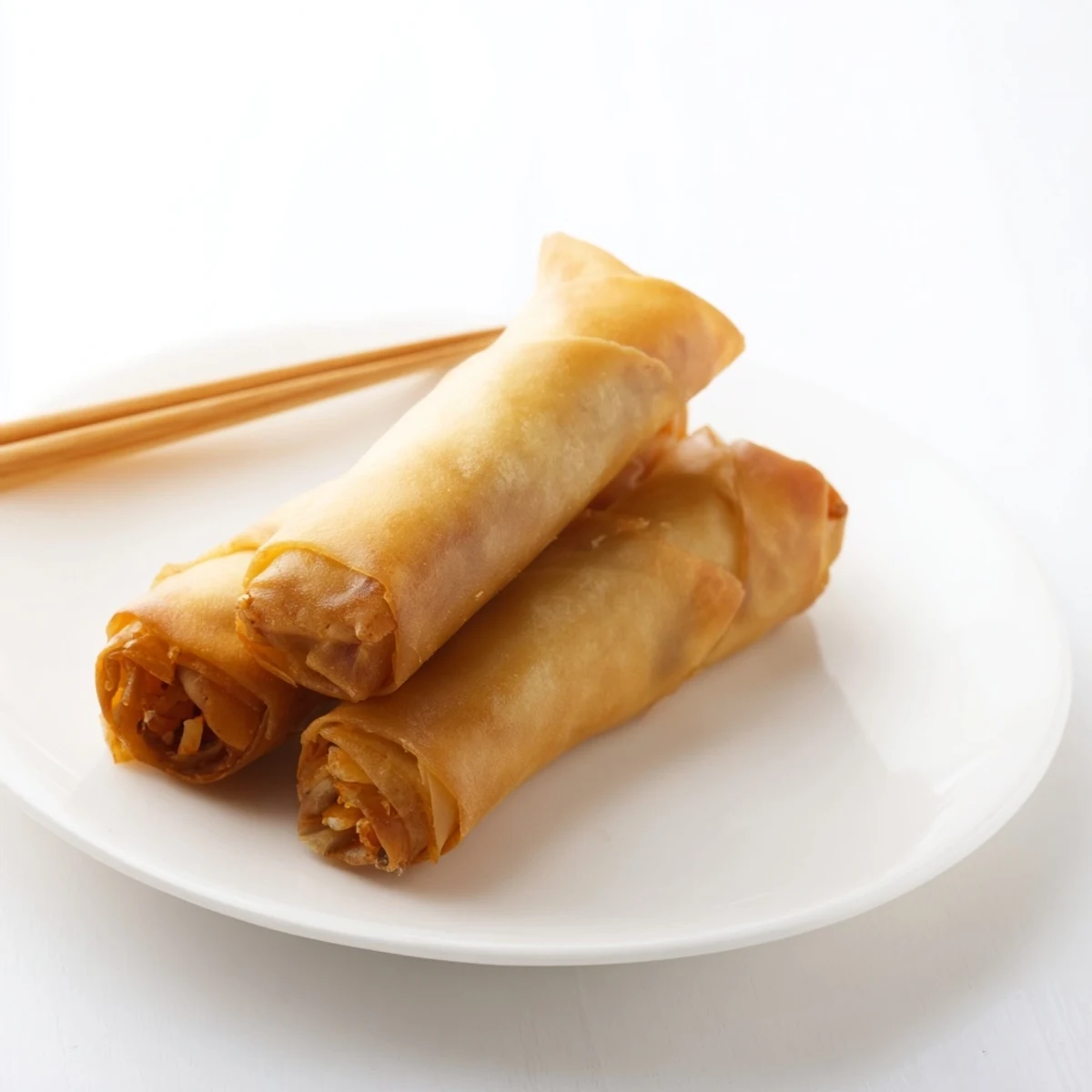 Golden Chinese vegetable spring rolls with shredded cabbage and carrots, fried until crispy and served on a white plate