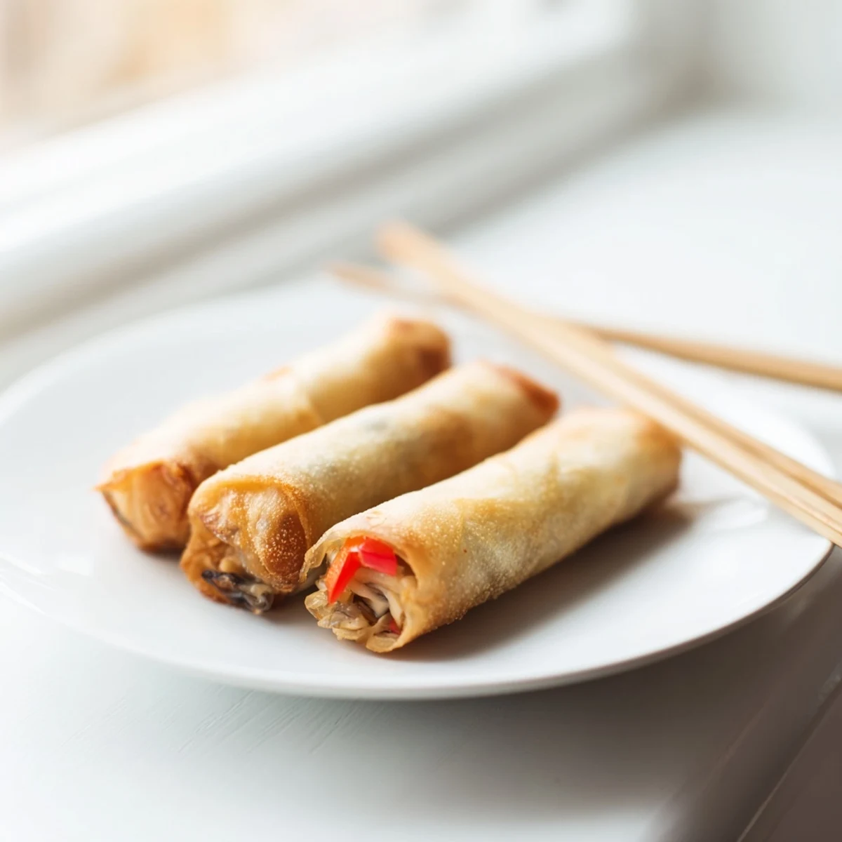 Handheld crispy Chinese vegetable spring rolls featuring colorful vegetable filling, perfect for dipping in sweet chili sauce