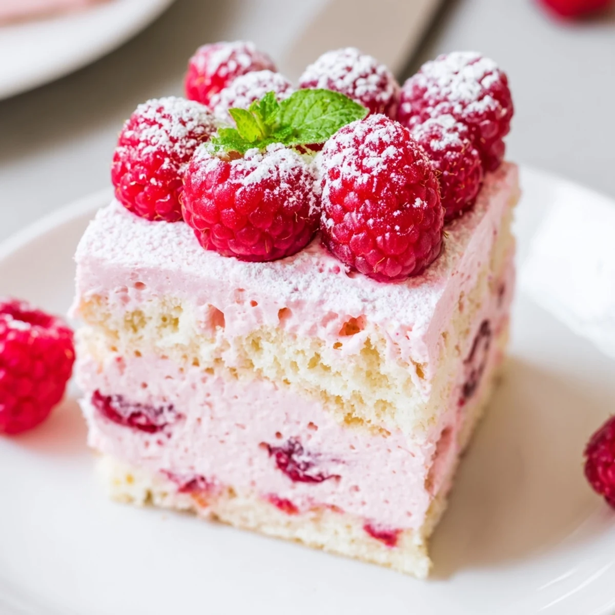 Elegant raspberry mousse cake with fluffy almond sponge base topped with fresh berries