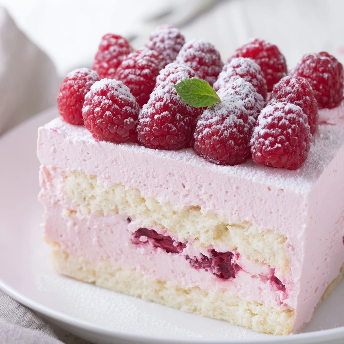 Pink raspberry mousse layered over golden almond sponge cake garnished with mint