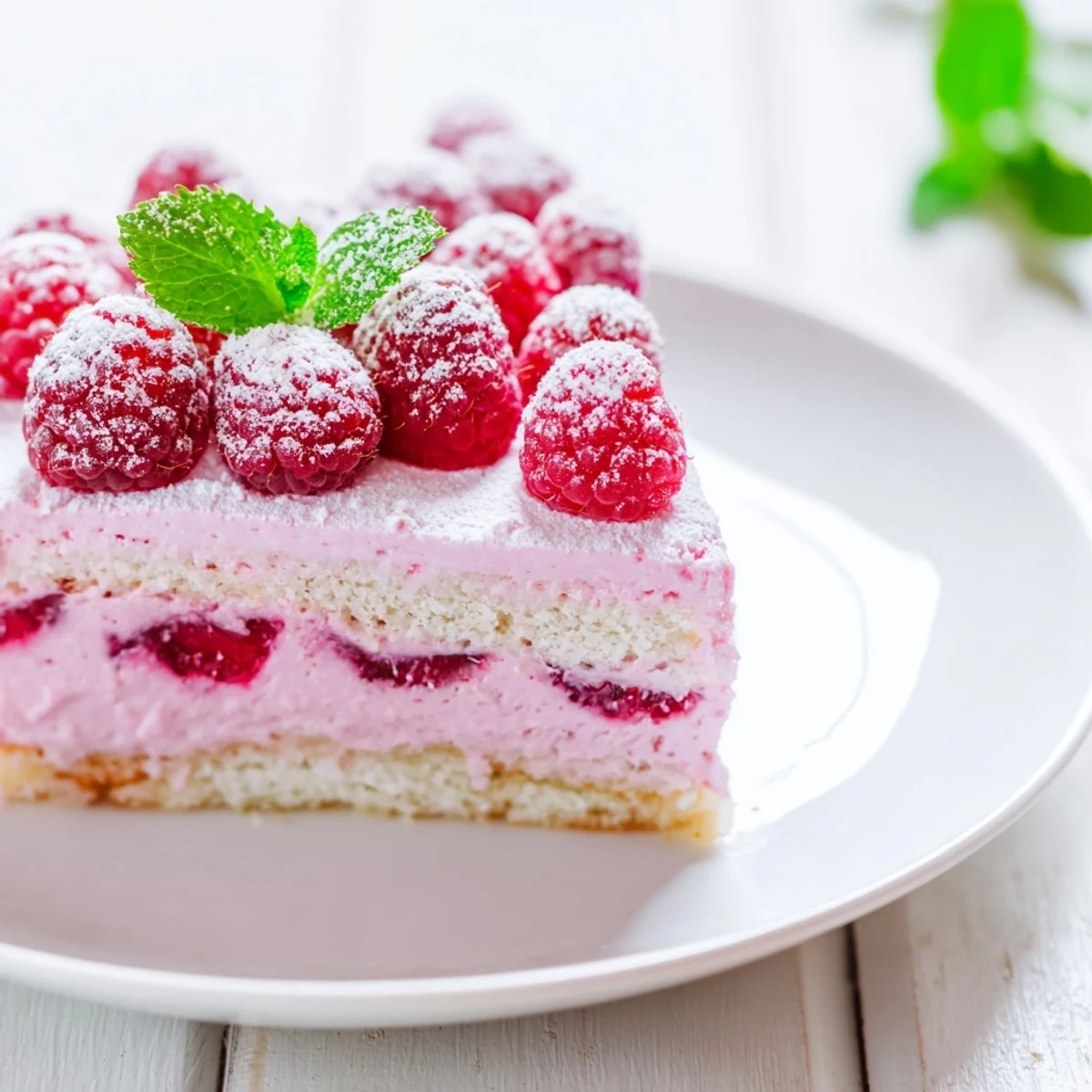Creamy raspberry mousse dessert with light almond sponge and fresh raspberry topping