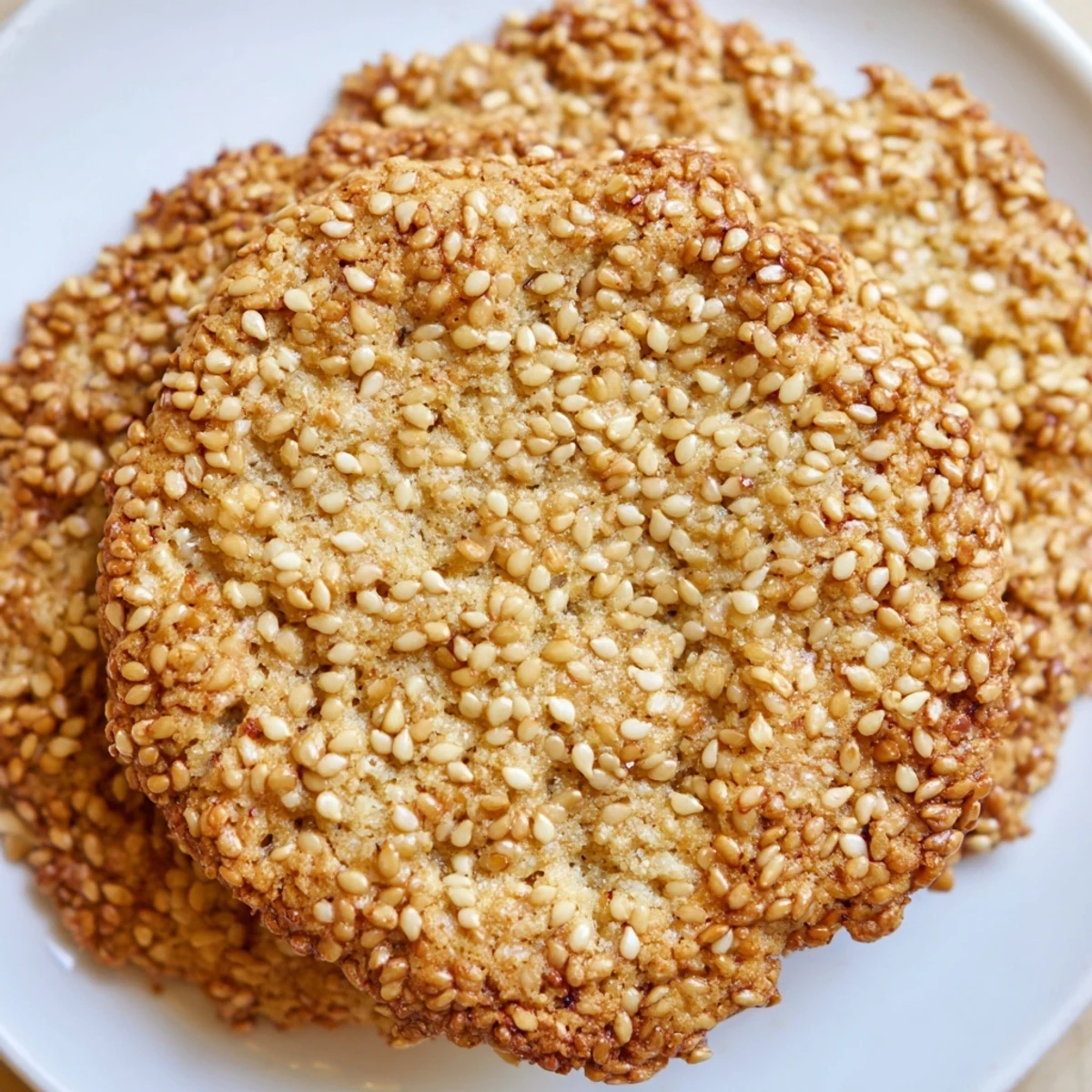 Golden brown easy chewy sesame honey cookies sprinkled with toasted sesame seeds on a wooden board