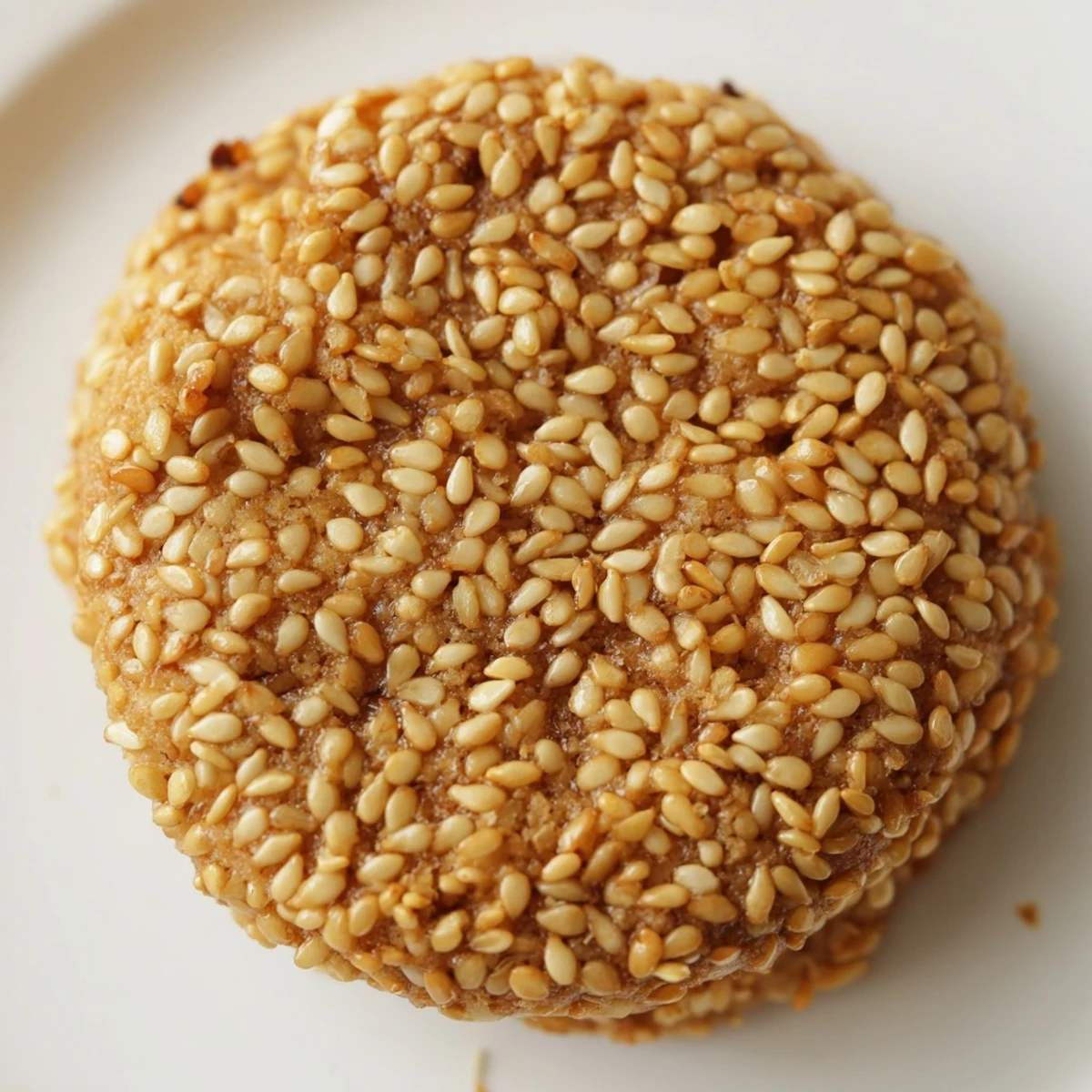 Close up of easy chewy sesame honey cookies showing cracked texture and sesame seed coating