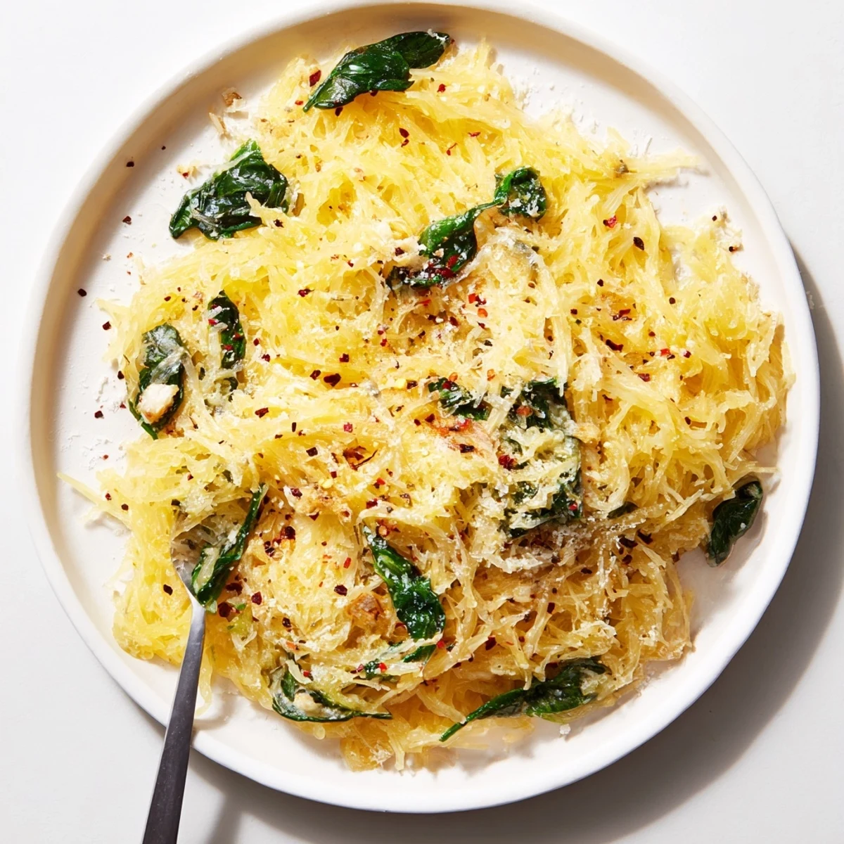 Golden roasted Boursin spaghetti squash strands tossed with melted herb cheese and wilted spinach