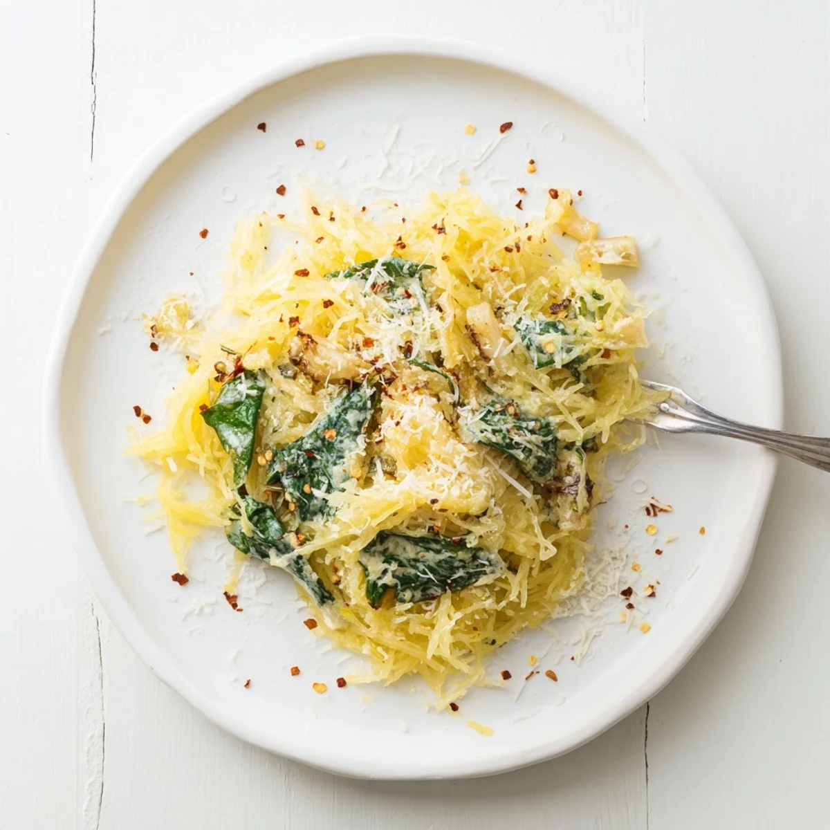Creamy Boursin spaghetti squash baked in half with tender garlic and fresh spinach strands