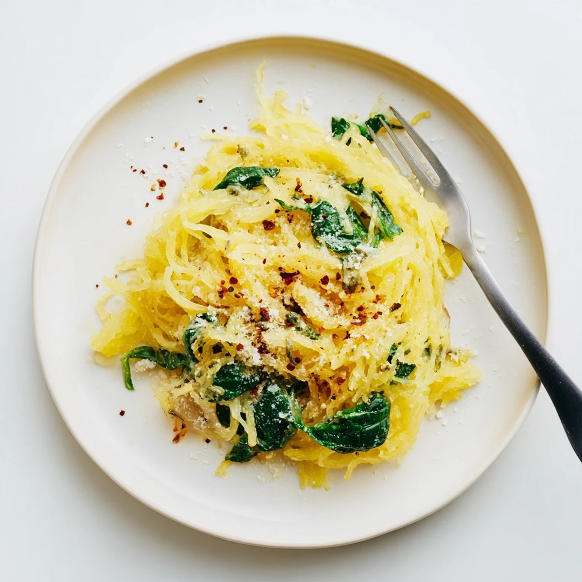 Low-carb Boursin spaghetti squash loaded with melted herb cheese and parmesan in white bowl