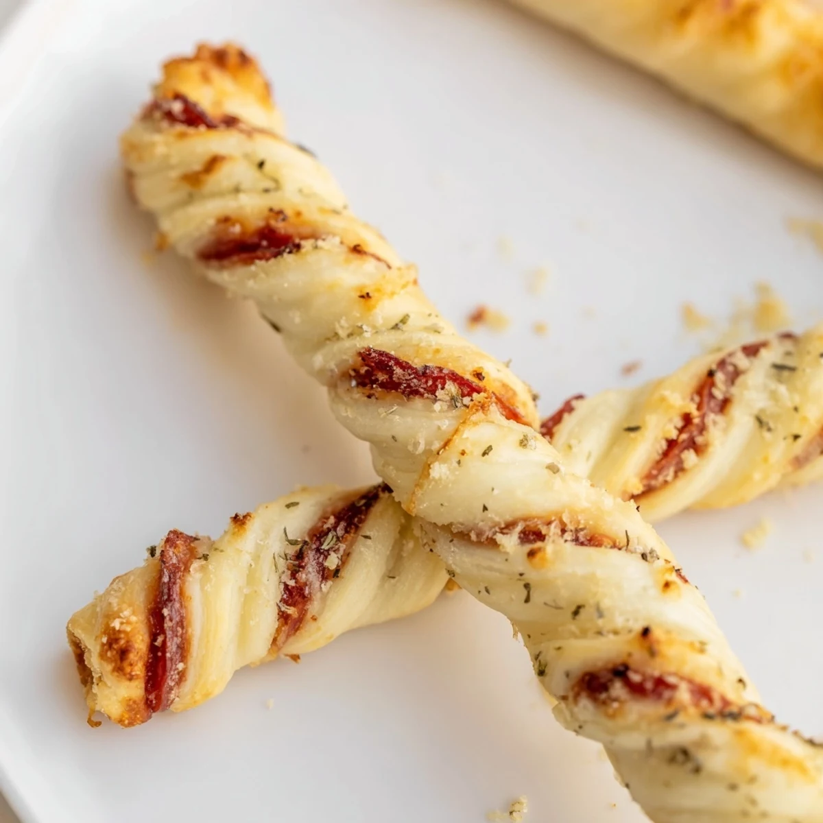 Festive candy cane pizza breadsticks topped with melty mozzarella and pepperoni stripes on a white baking sheet