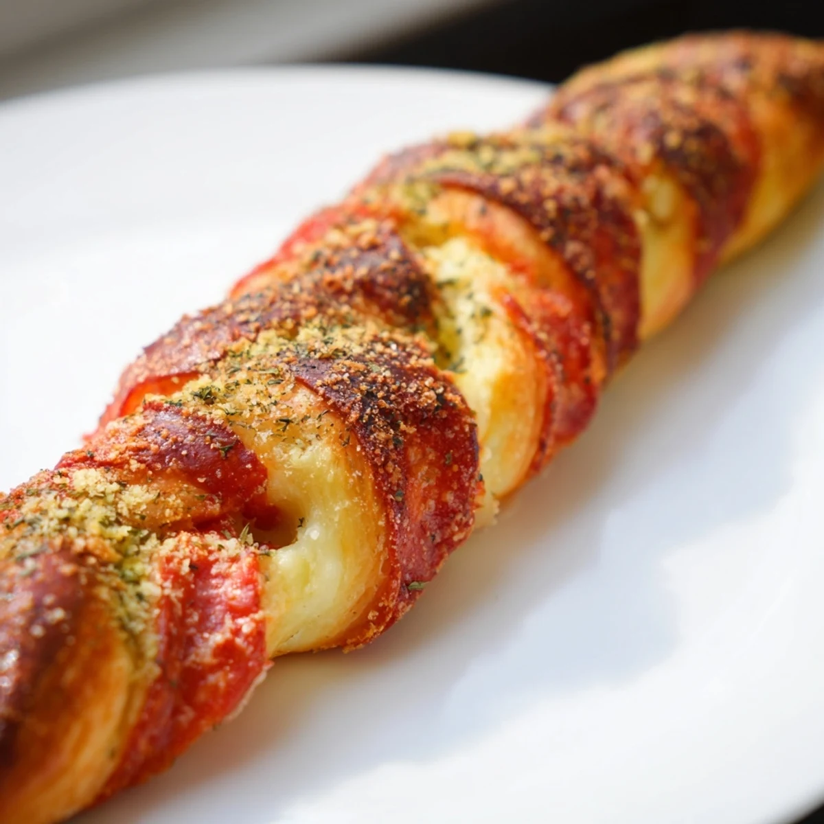 Golden brown candy cane shaped pizza breadsticks brushed with garlic butter and sprinkled with Parmesan herbs