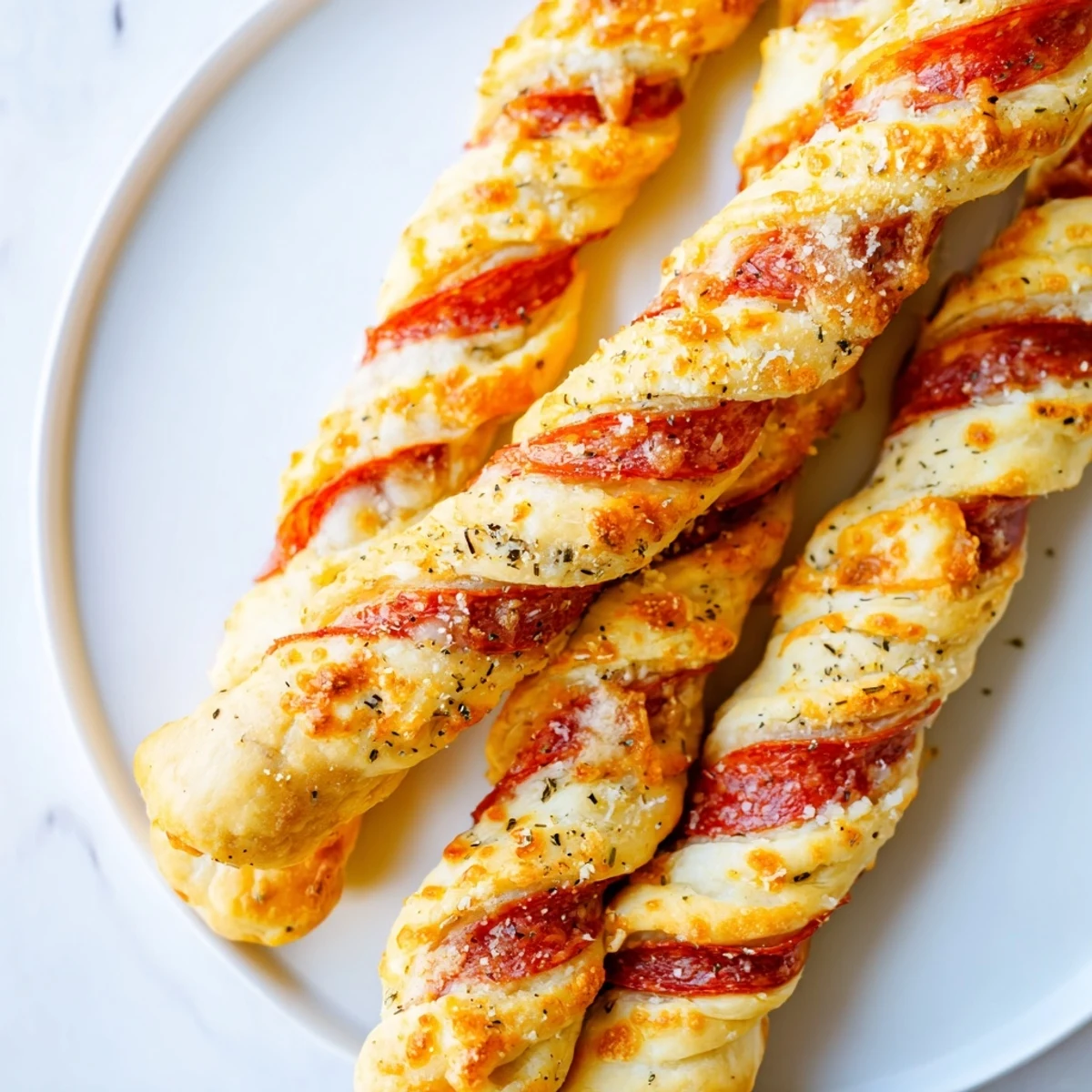 Twisted holiday candy cane pizza breadsticks arranged on parchment paper with red pepperoni and melted cheese