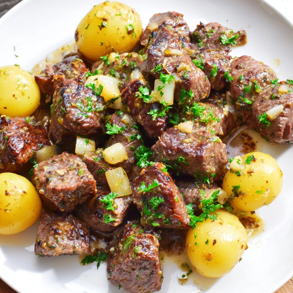 Golden brown steak bites and tender baby potatoes coated in rich garlic butter sauce