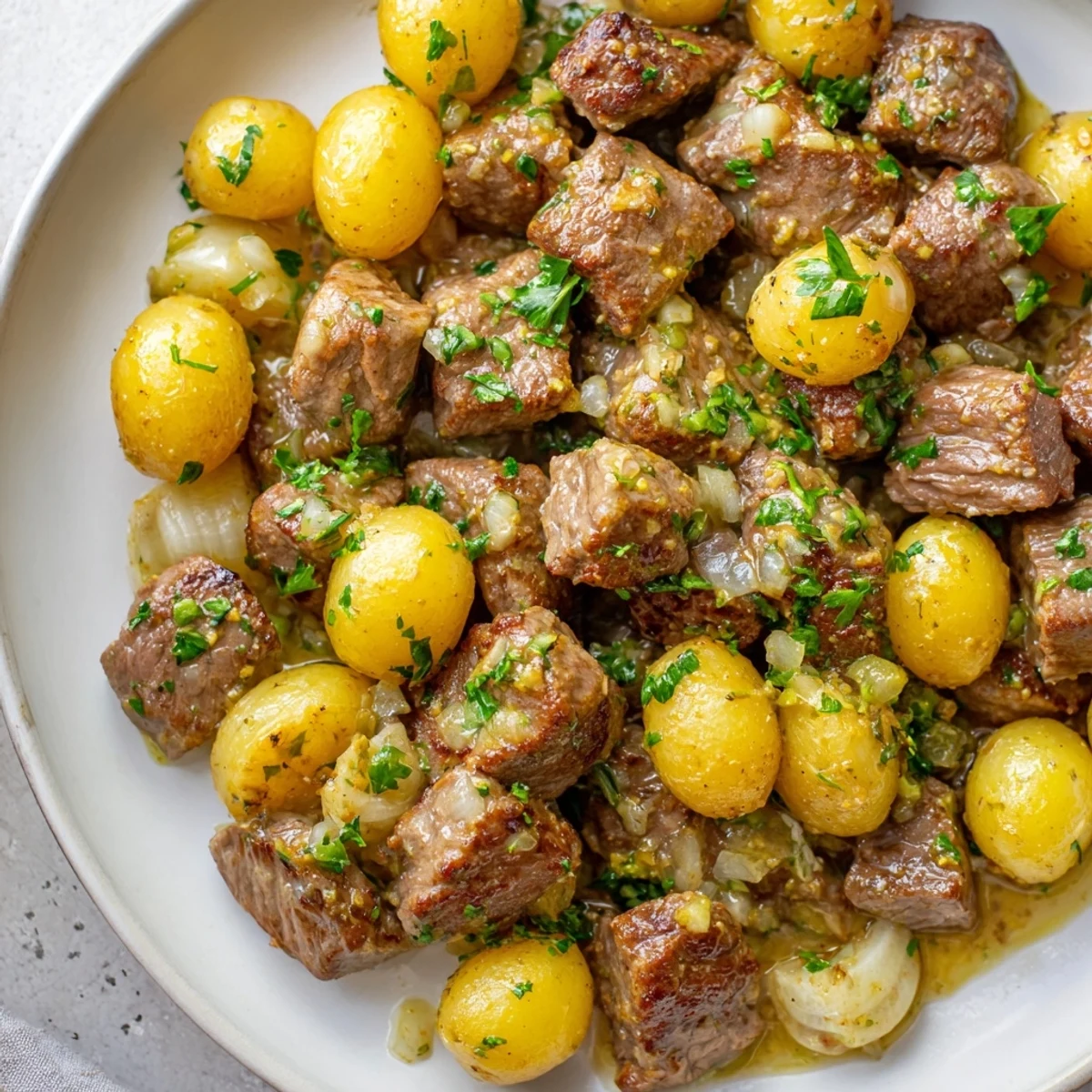 Slow cooker garlic butter steak bites with potatoes garnished with fresh green parsley