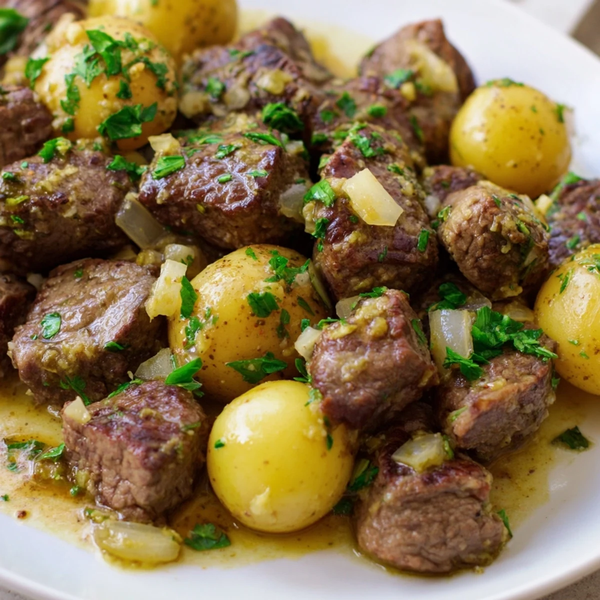 Savory sirloin steak cubes and halved potatoes simmering in creamy garlic butter glaze