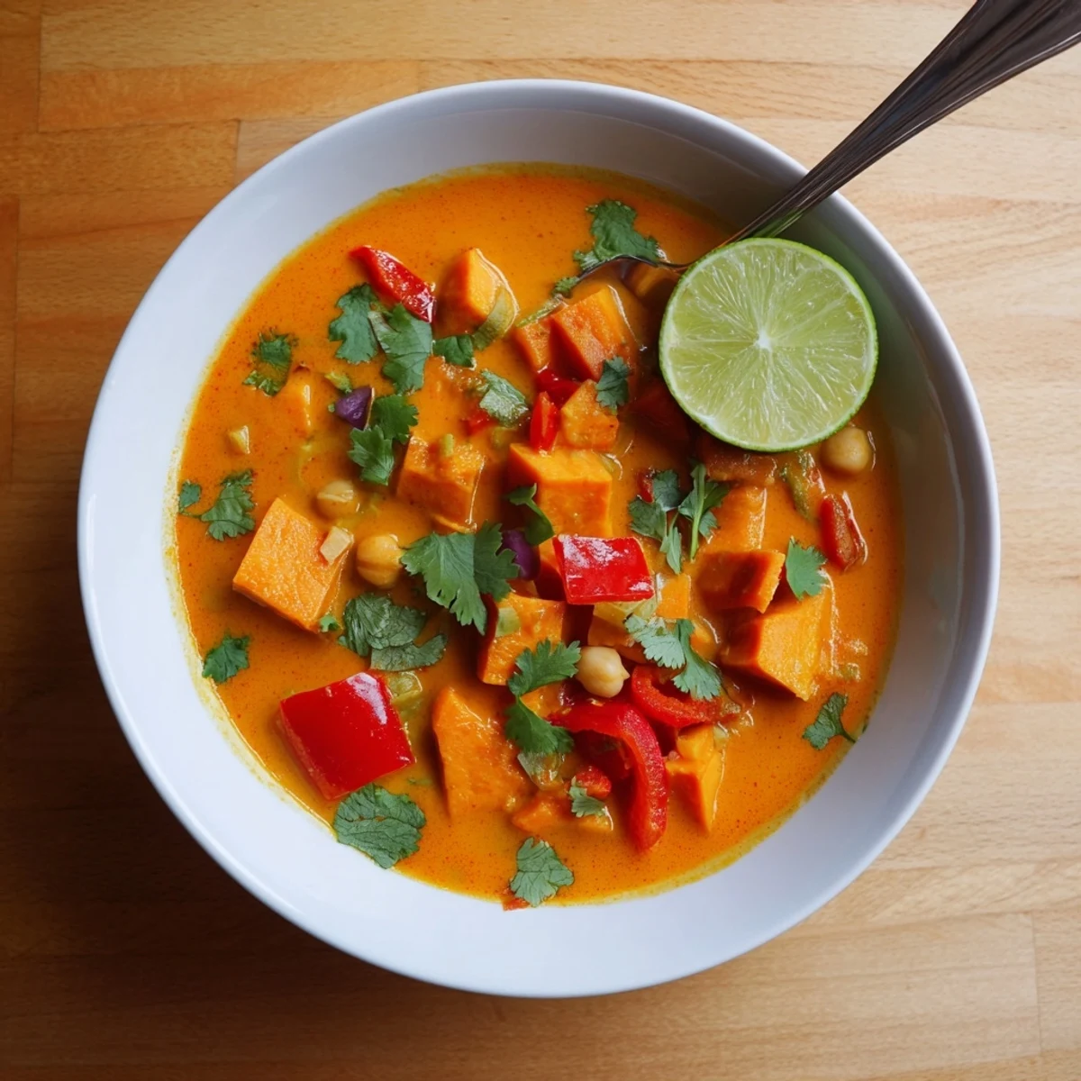 Creamy chickpea and sweet potato curry served in a white bowl over fluffy basmati rice