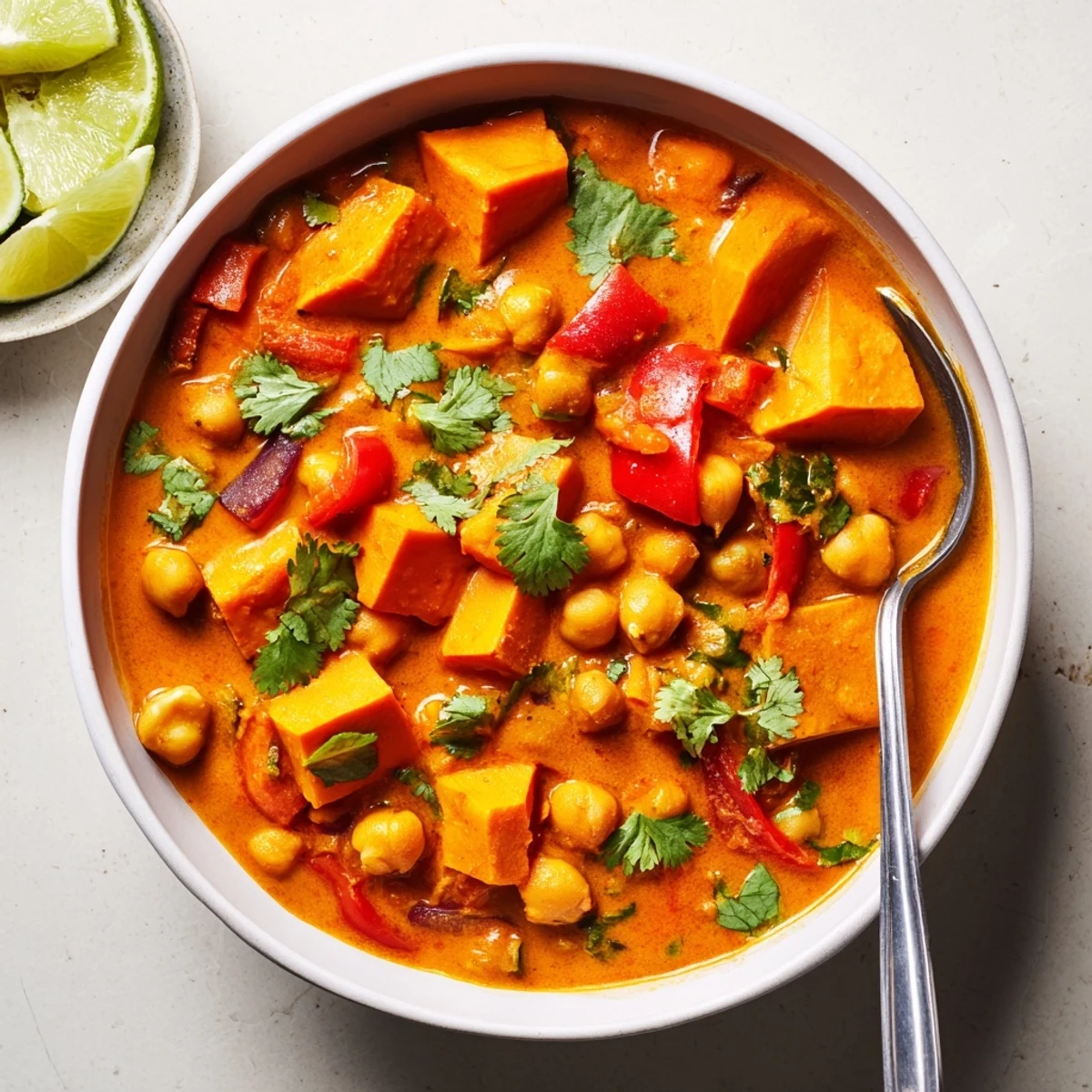 Golden sweet potato cubes and chickpeas simmered in rich coconut curry sauce with fresh cilantro garnish