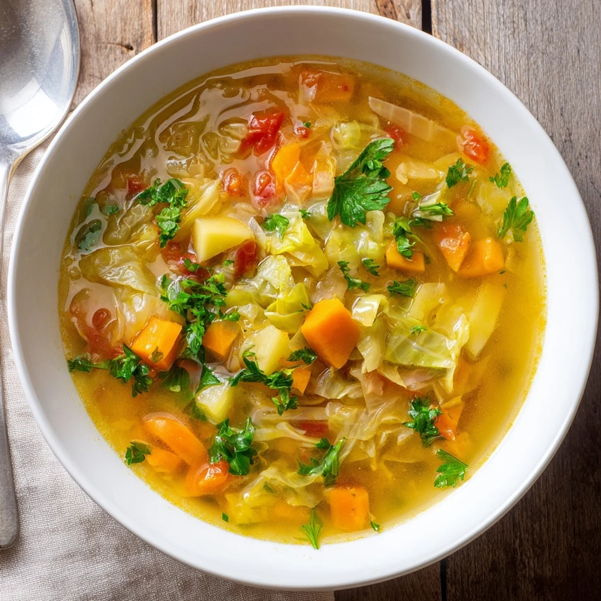 Steaming bowl of hearty cabbage soup loaded with colorful vegetables and fresh green parsley garnish