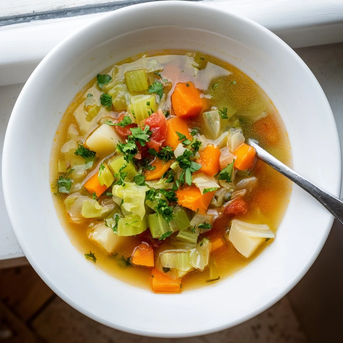Spoonful of comforting cabbage soup featuring diced tomatoes, potatoes, and vibrant green cabbage in rich broth