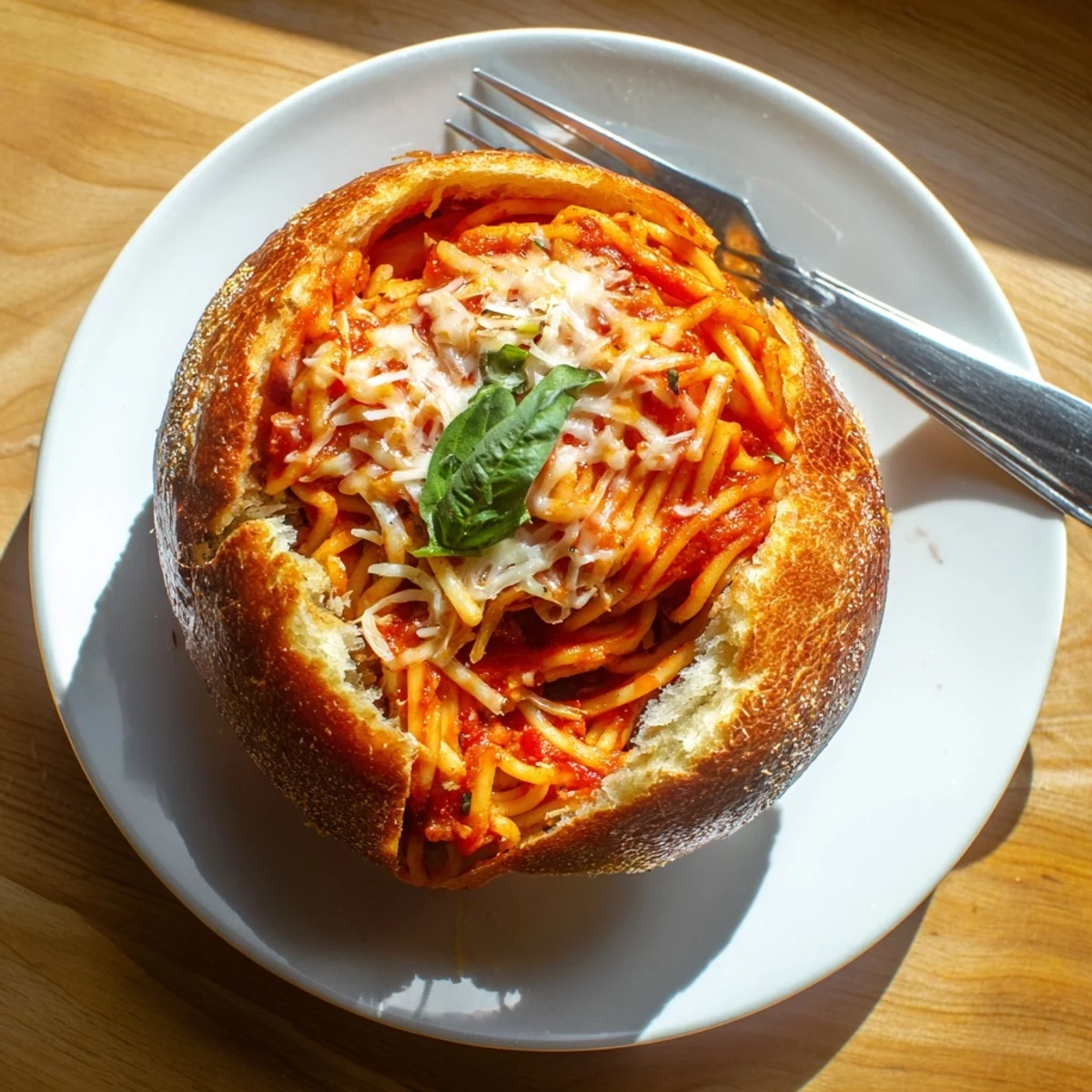 GoldenCrispy garlic bread bowl filled with marinara spaghetti and melted mozzarella cheese garnished with fresh basil