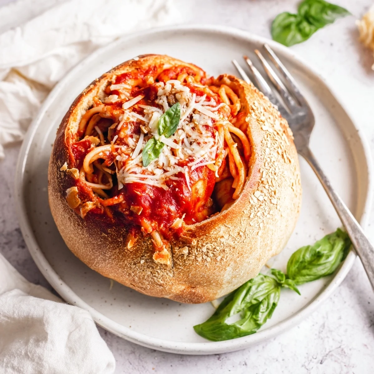 Easy spaghetti garlic bread bowls featuring pasta nestled in buttery parmesan-crusted bread with green parsley