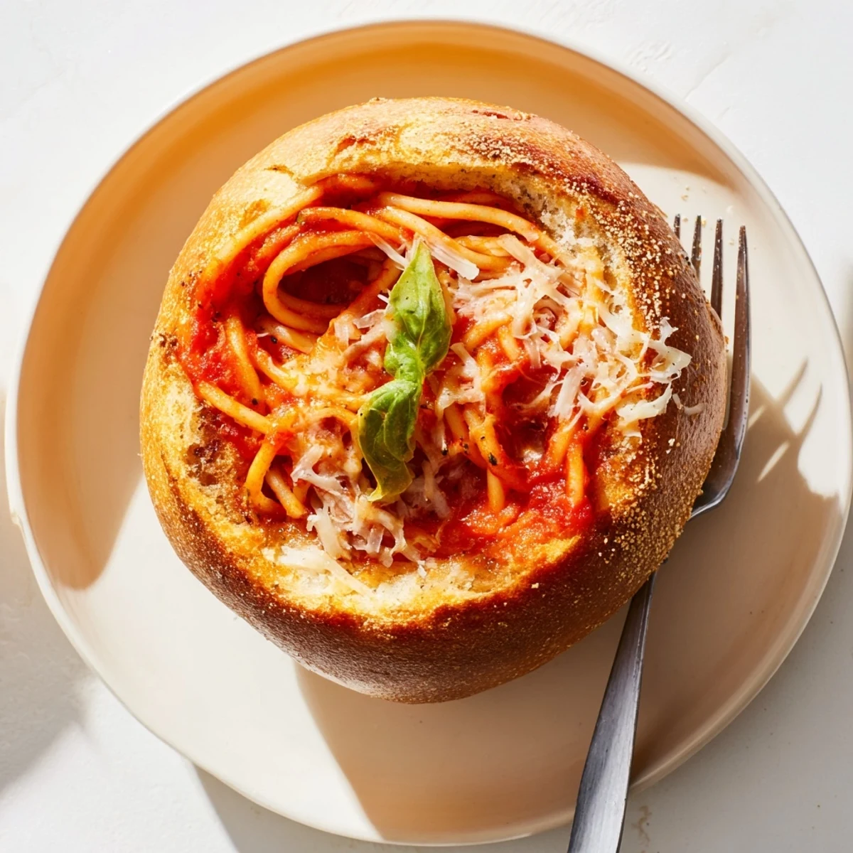 Golden toasted bread bowl overflowing with classic spaghetti and red sauce on a rustic wooden table