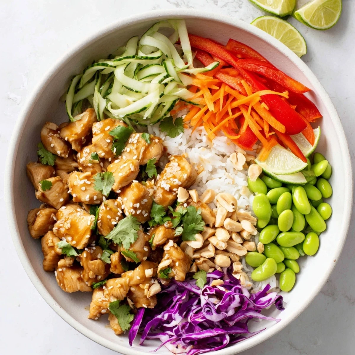 Vibrant bowl featuring sweet chili glazed chicken with julienned carrots purple cabbage and cucumber over seasoned jasmine rice