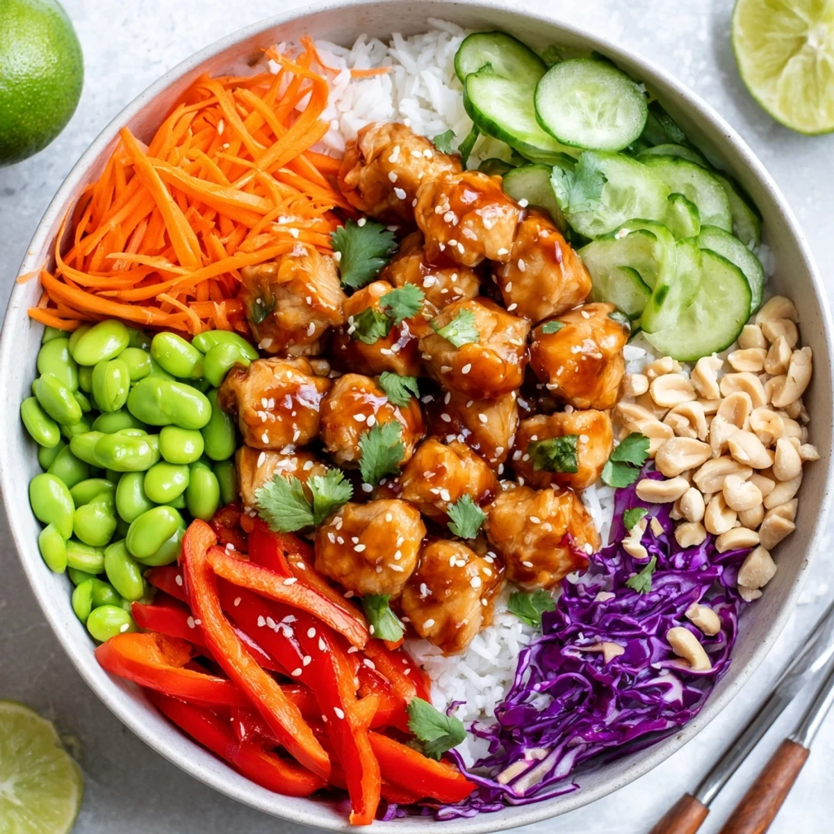 Golden glazed chicken pieces atop fluffy jasmine rice surrounded by colorful crisp vegetables in Thai sweet chili chicken Buddha bowls