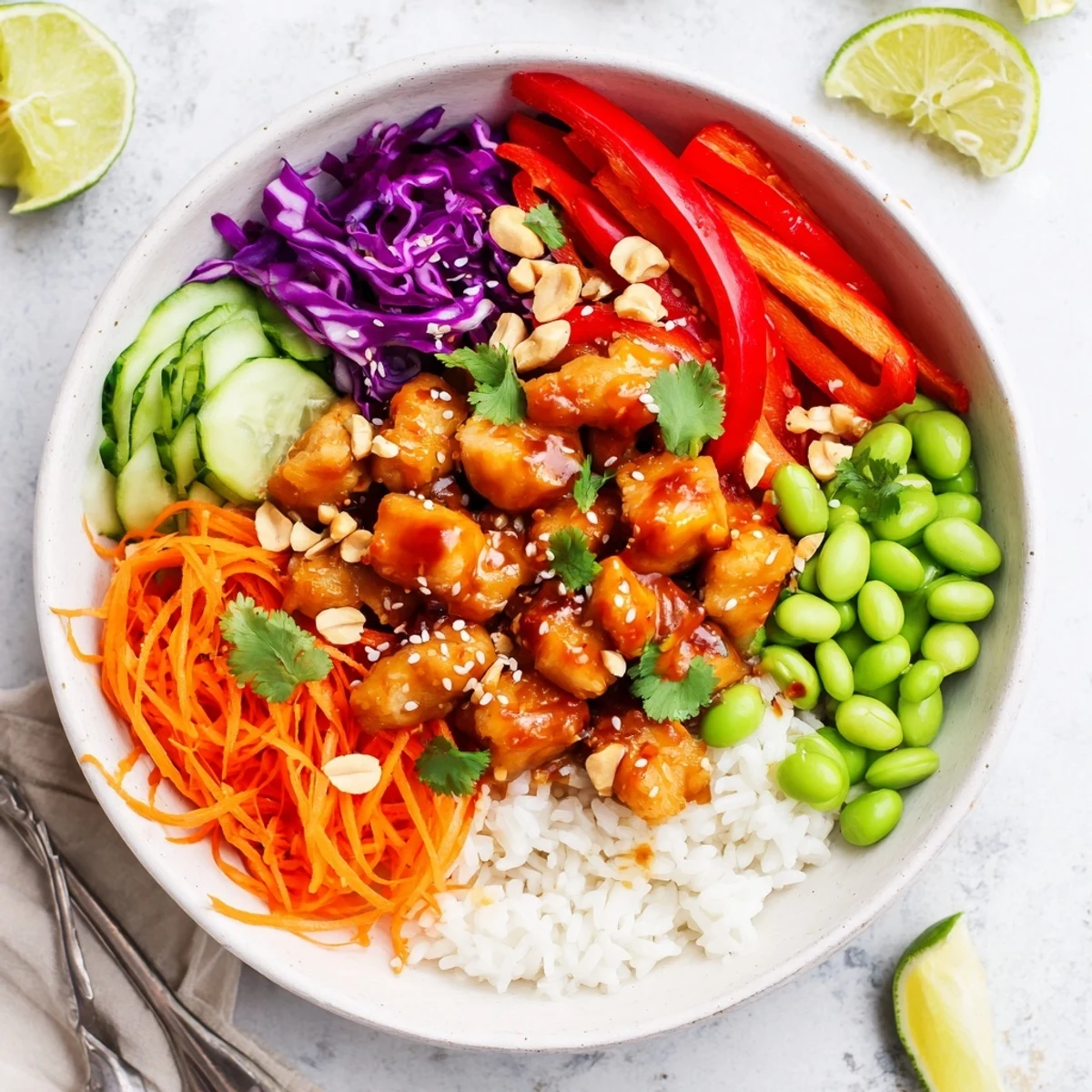 Healthy Thai sweet chili chicken Buddha bowls with garnishes of chopped peanuts cilantro and fresh lime wedges