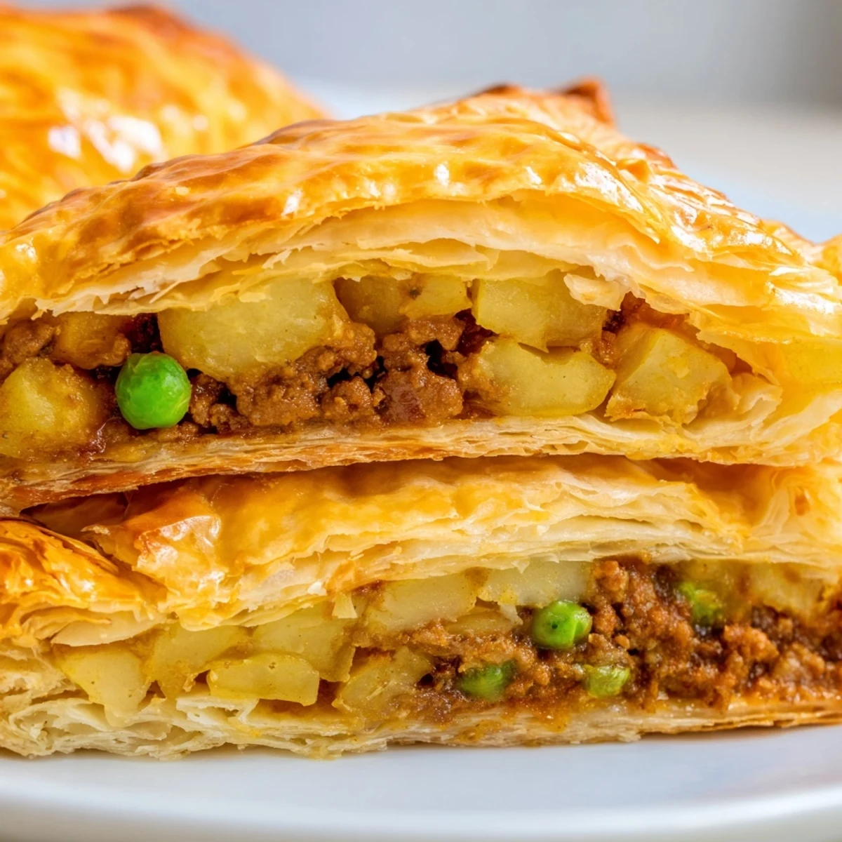 Baked beef curry puffs with golden brown crust filled with aromatic spiced meat potatoes and green peas