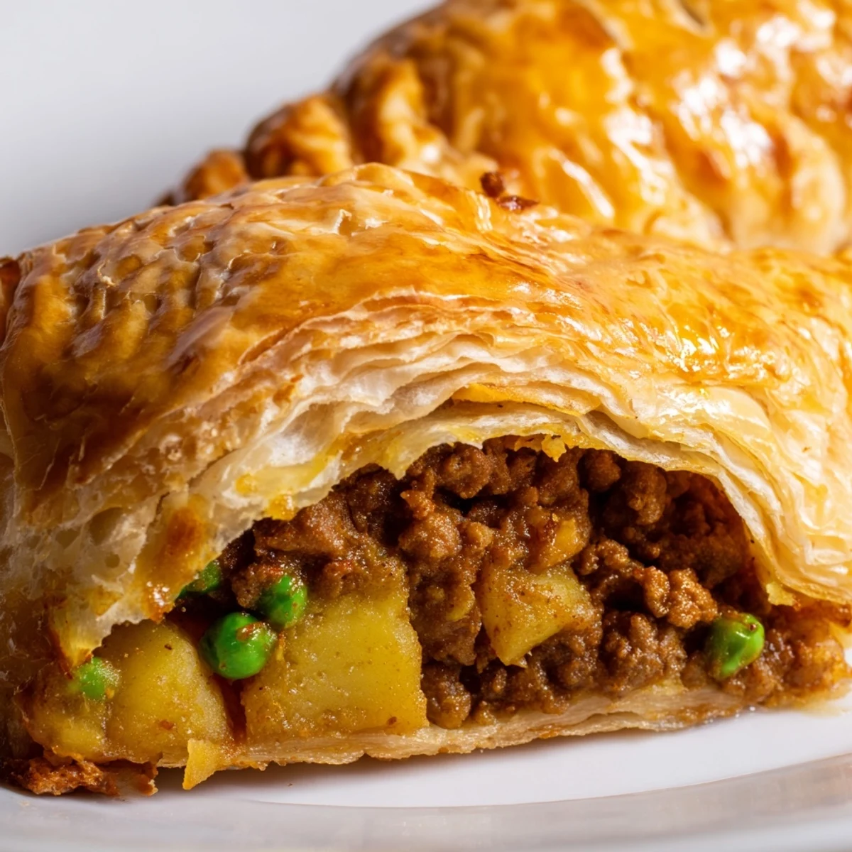 Homemade curry puffs with beef displaying crispy puff pastry triangles stuffed with curried beef and potato mixture
