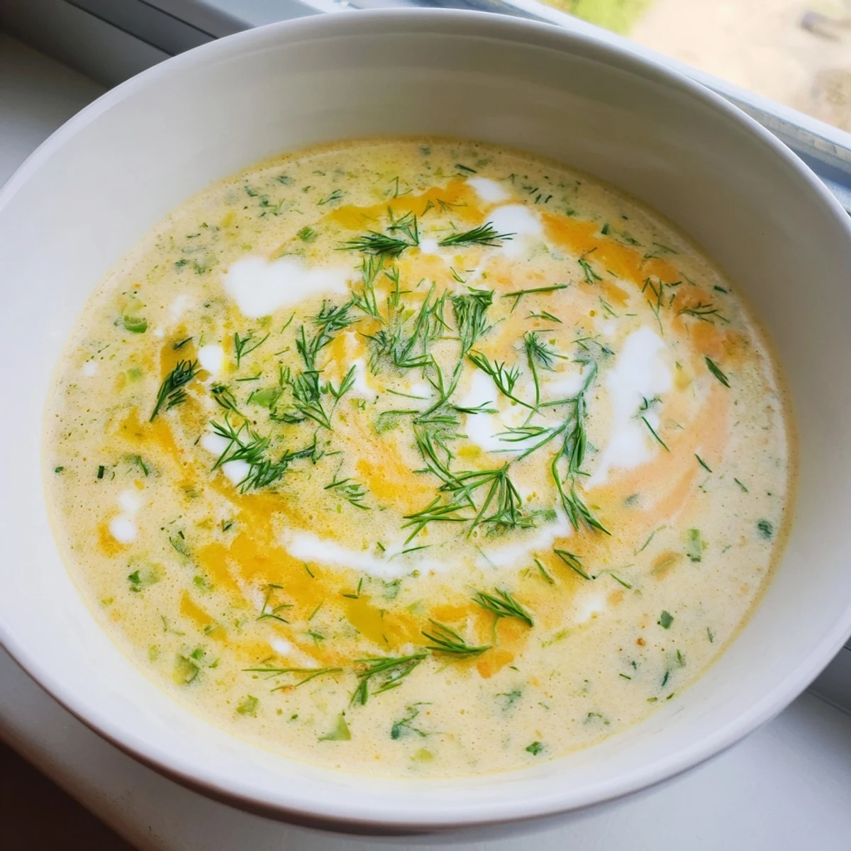Bowl of creamy spring vegetable soup garnished with fresh dill and crusty bread for dipping